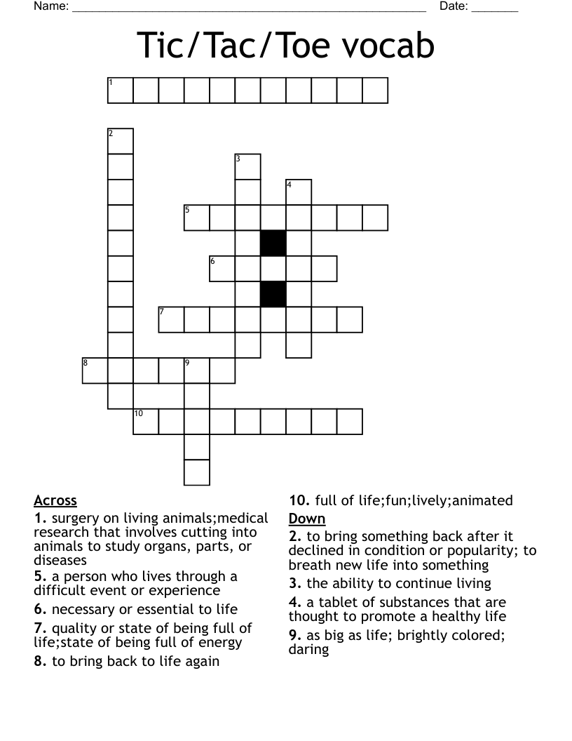 Tic/Tac/Toe vocab Crossword