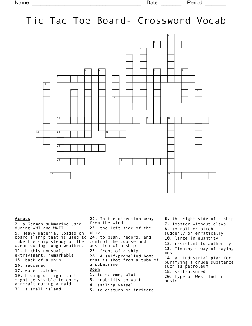 Tic Tac Toe Board- Crossword Vocab