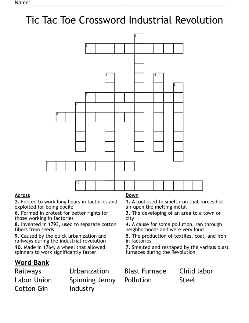 Tic Tac Toe Crossword Industrial Revolution