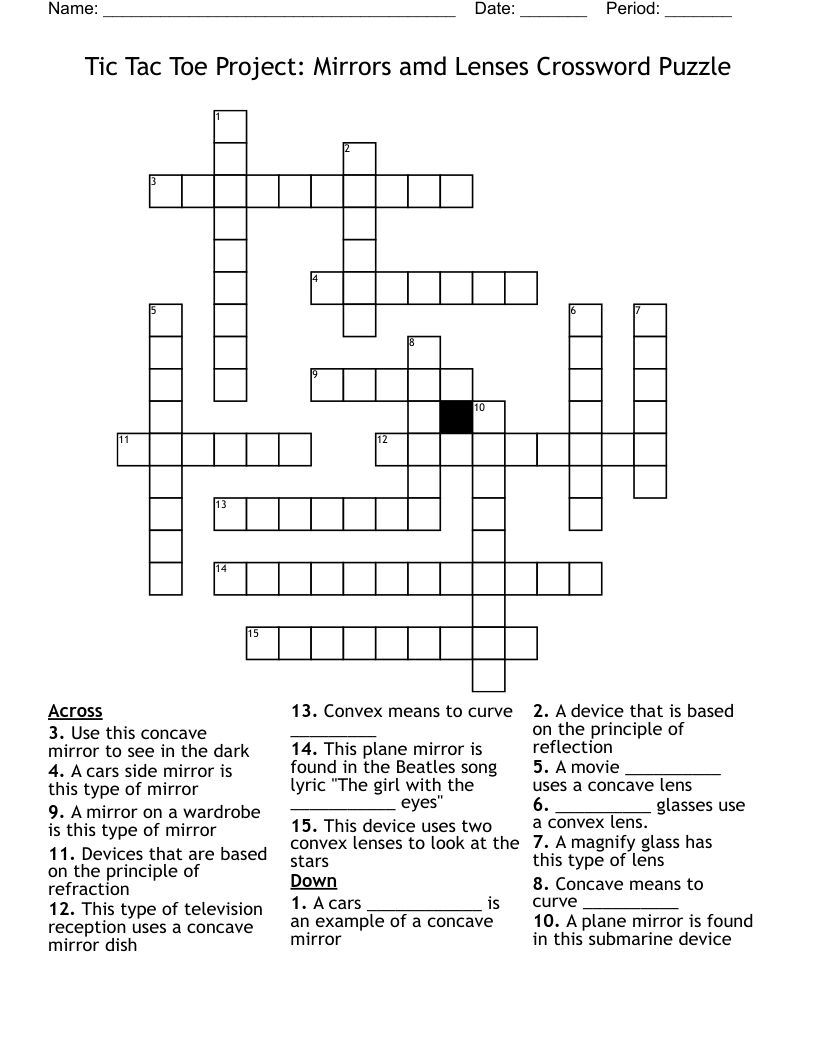 Tic Tac Toe Project: Mirrors amd Lenses Crossword Puzzle
