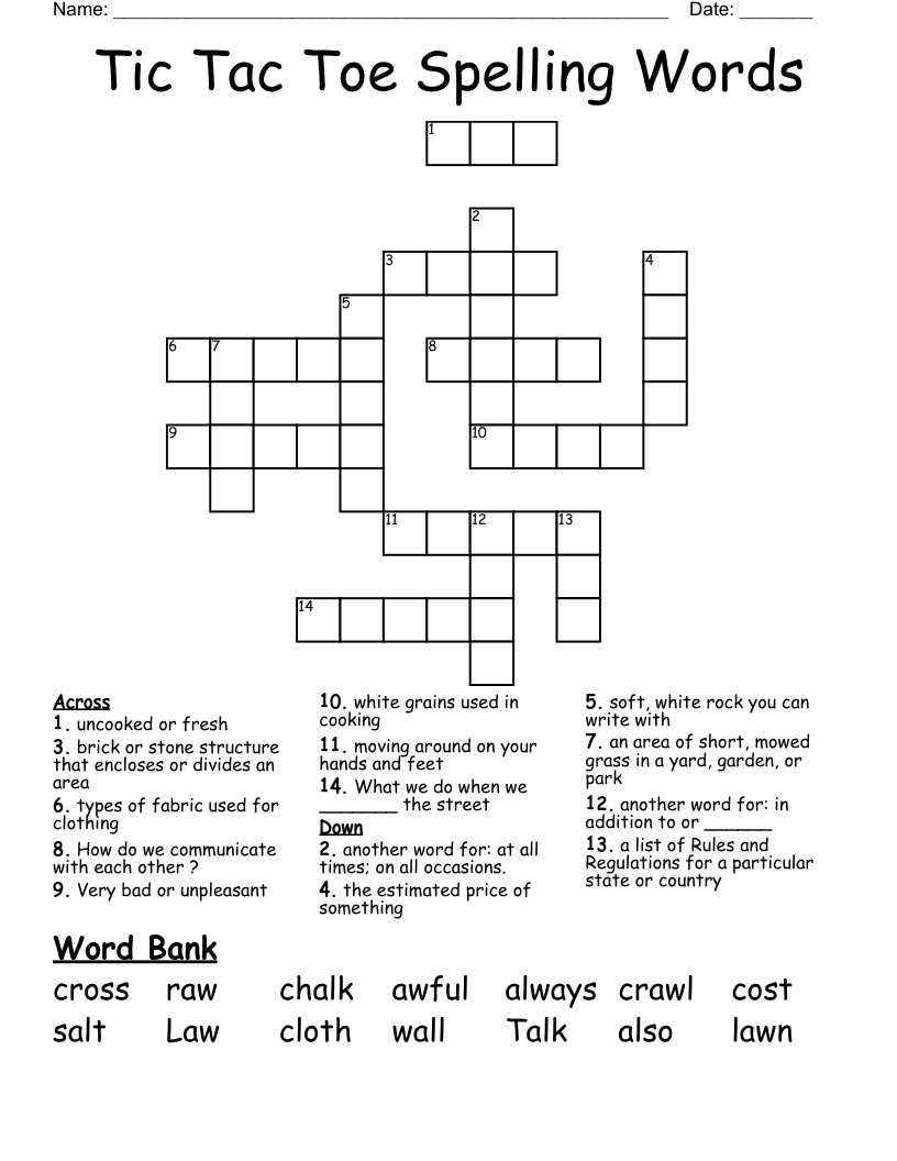 Tic Tac Toe Spelling Words Crossword