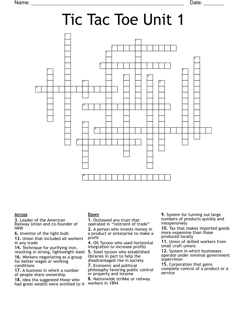 Tic Tac Toe Unit 1 Crossword