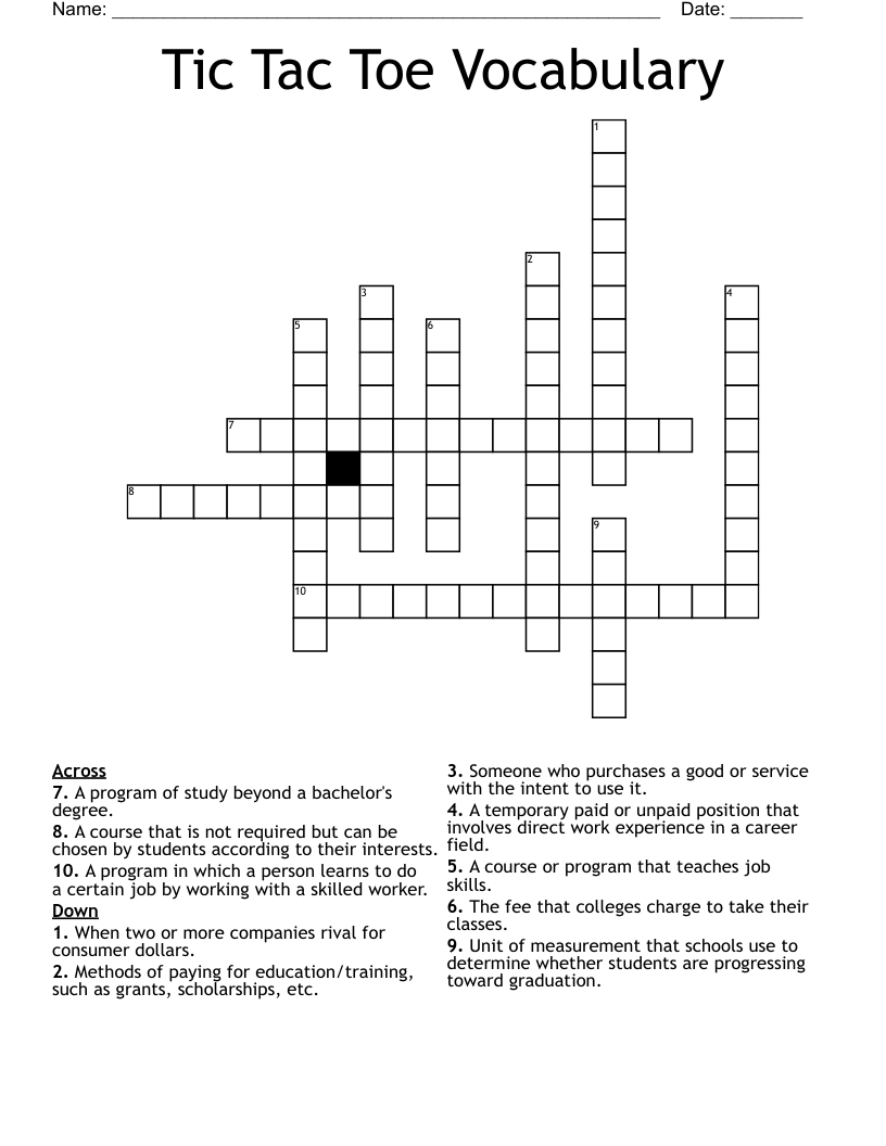 Tic Tac Toe Vocabulary Crossword