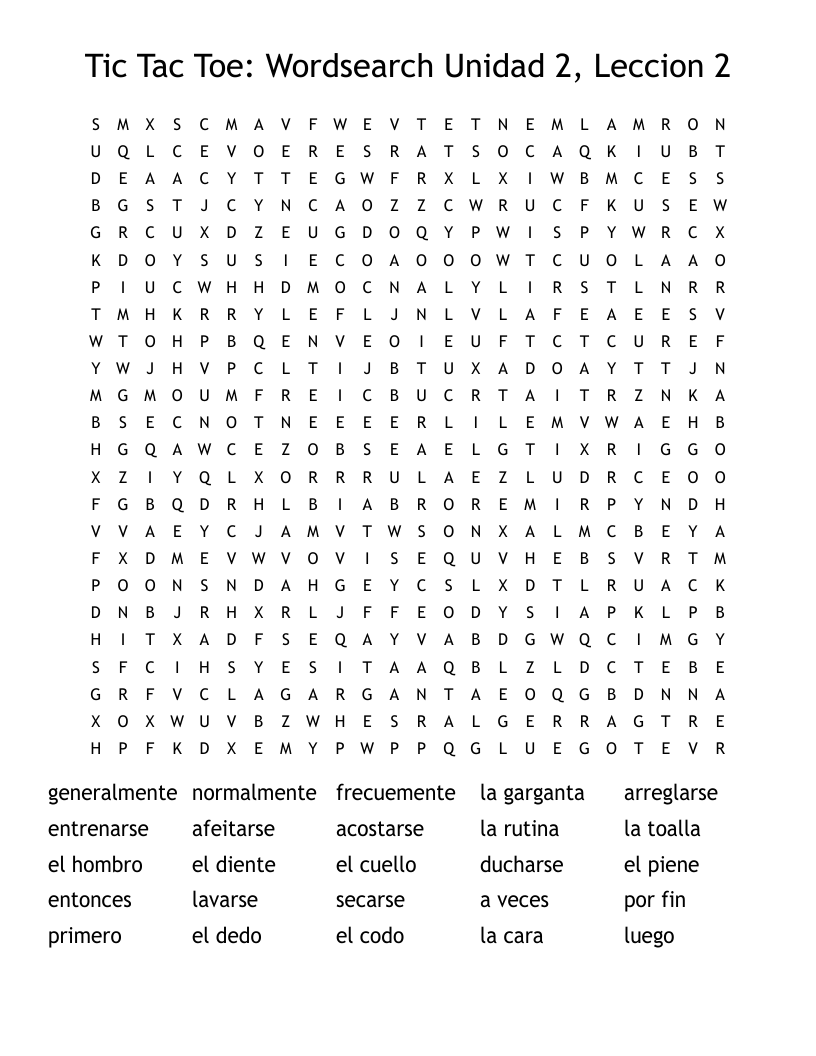 Tic Tac Toe: Wordsearch Unidad 2, Leccion 2