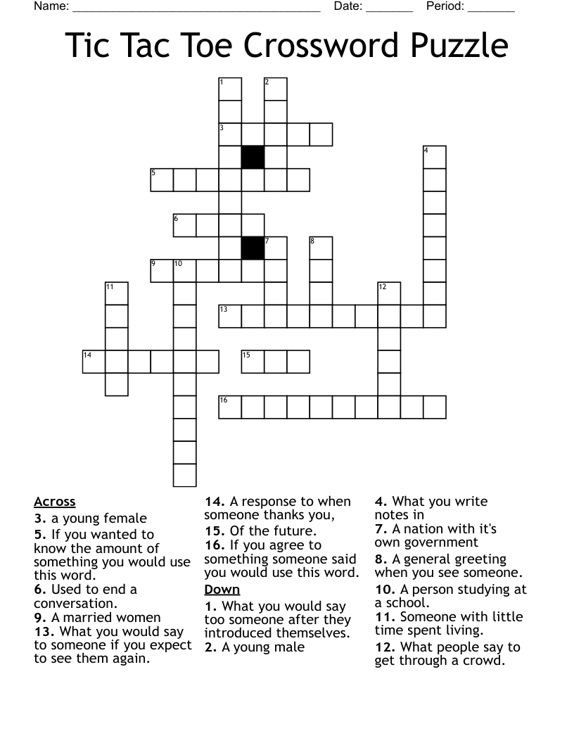 Tic Tac Toe  Crossword Puzzle