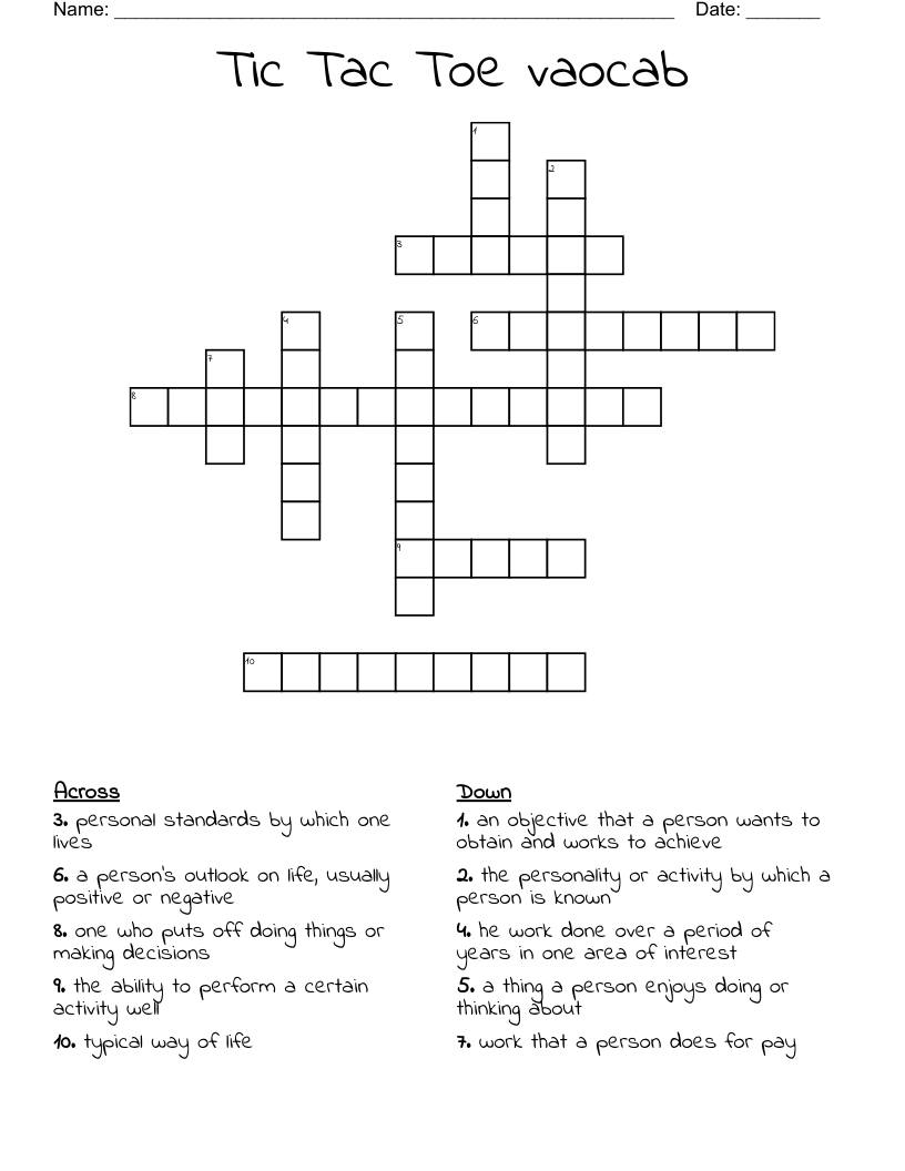 Tic Tac Toe vaocab Crossword