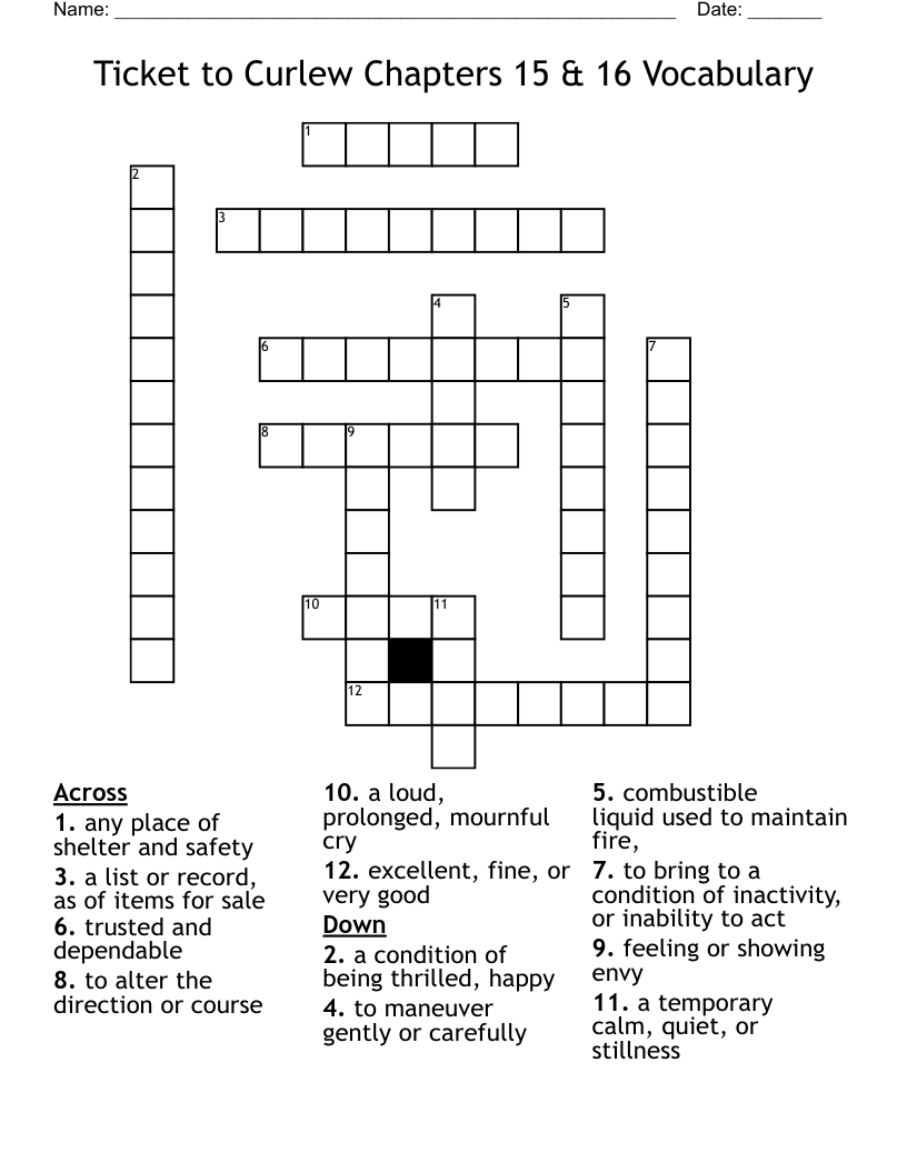 Ticket to Curlew Chapters 15 & 16 Vocabulary Crossword