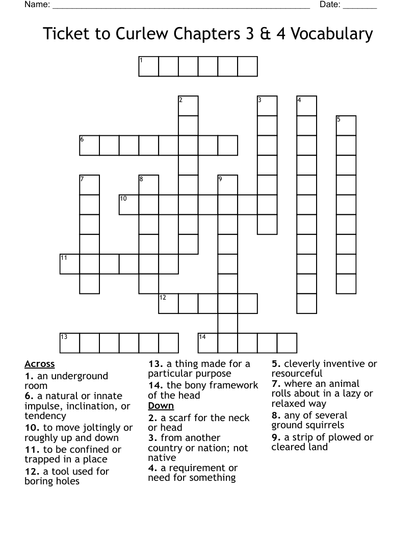 Ticket to Curlew Chapters 3 & 4 Vocabulary Crossword