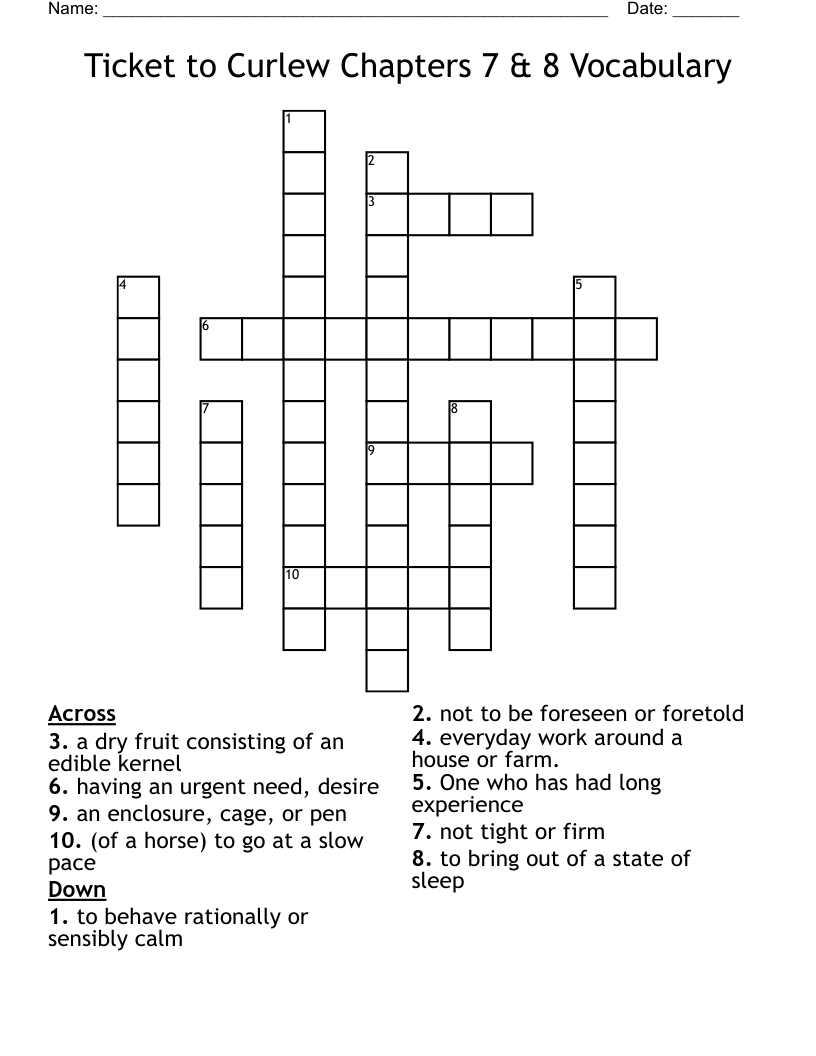 Ticket to Curlew Chapters 7 & 8 Vocabulary Crossword