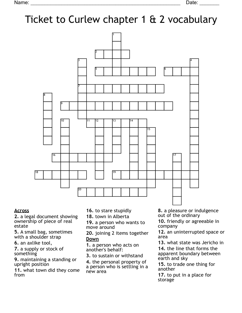 Ticket to Curlew chapter 1 & 2 vocabulary Crossword