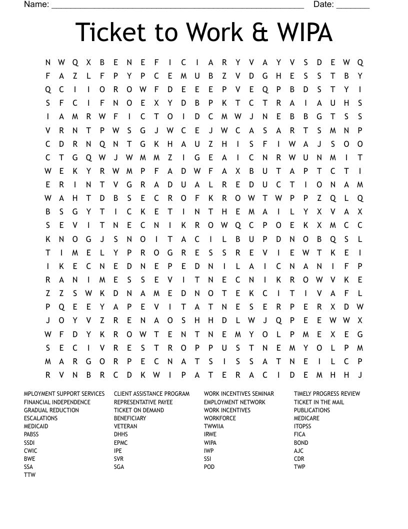 Ticket to Work & WIPA  Word Search
