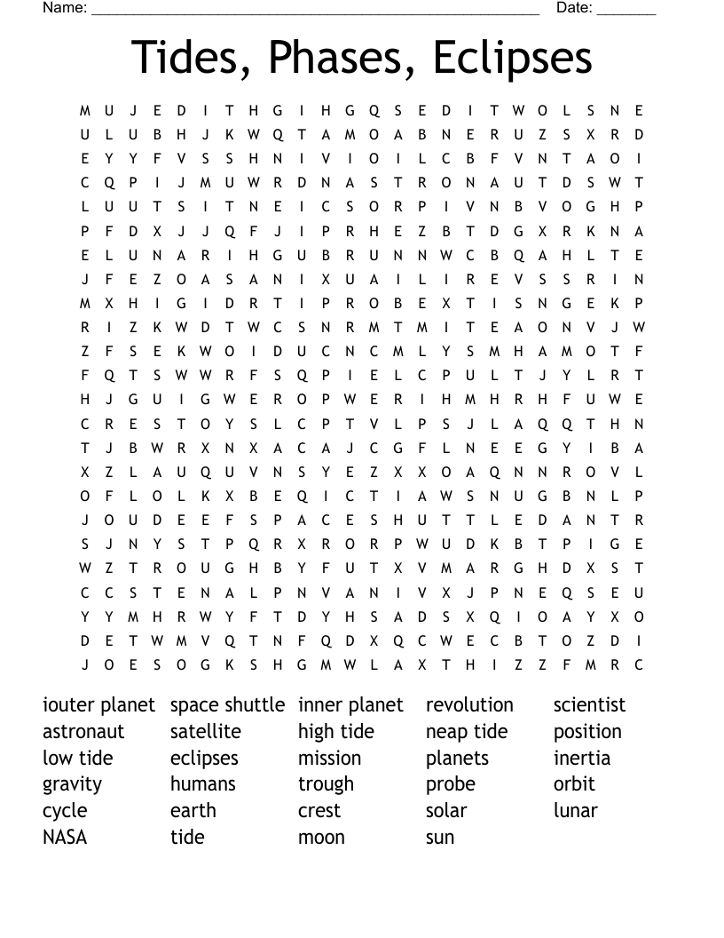 Tides, Phases, Eclipses Word Search