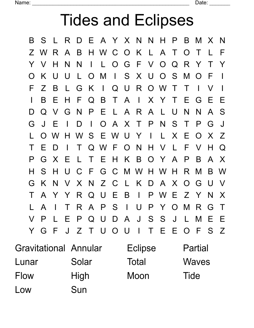 Tides and Eclipses Word Search