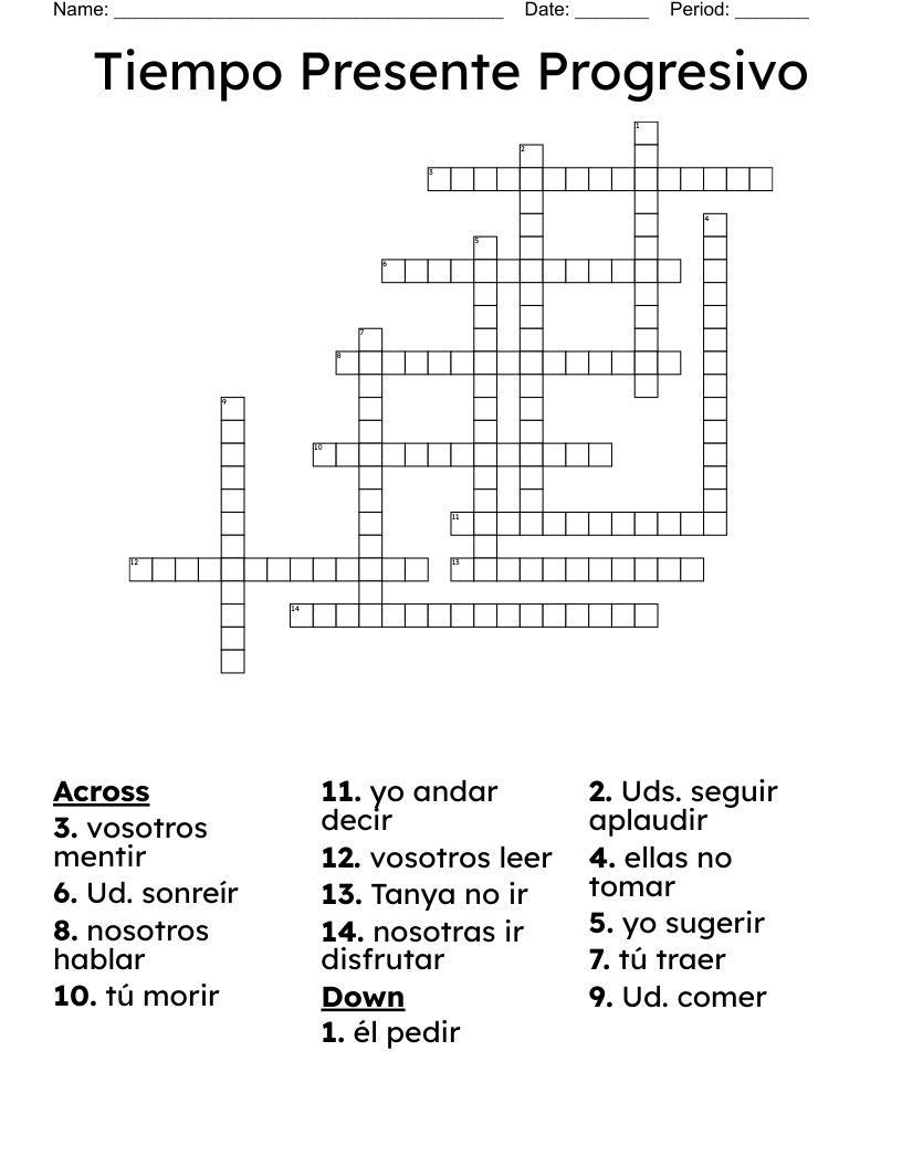 Tiempo Presente Progresivo Crossword