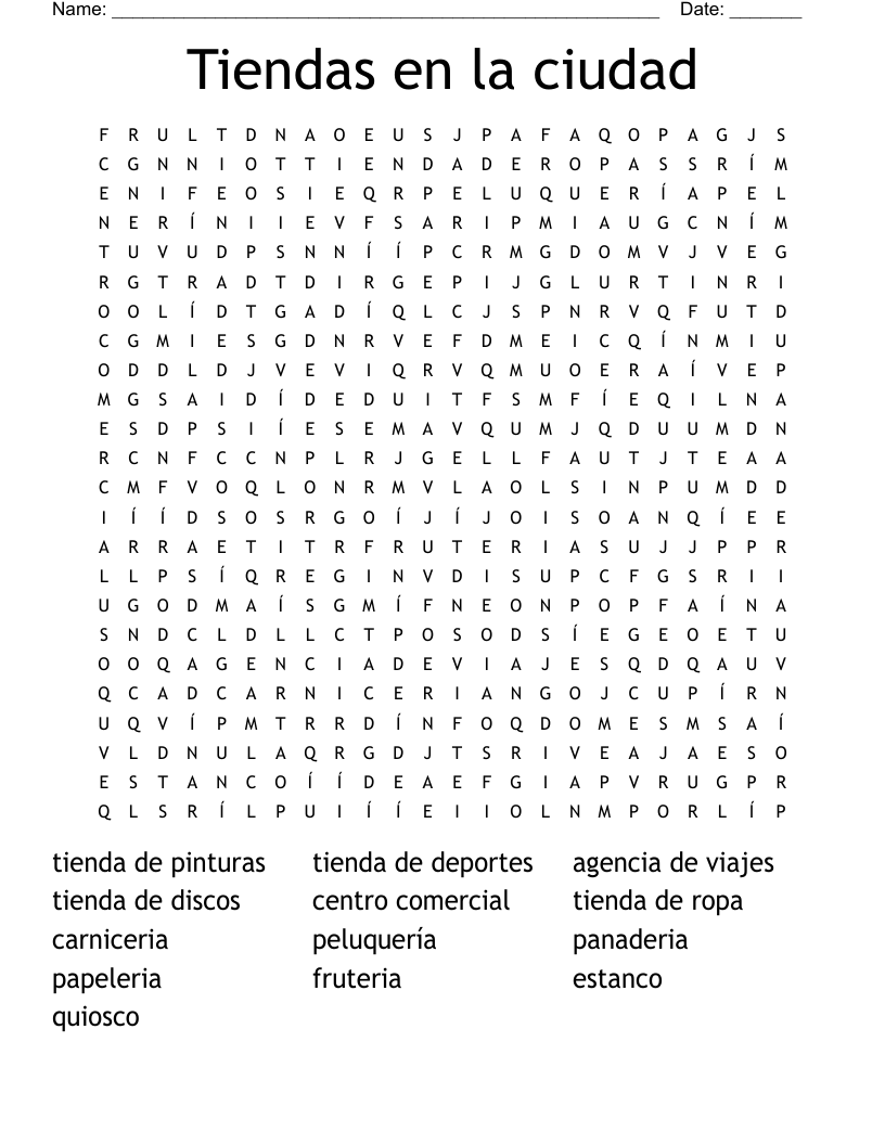 Tiendas en la ciudad Word Search