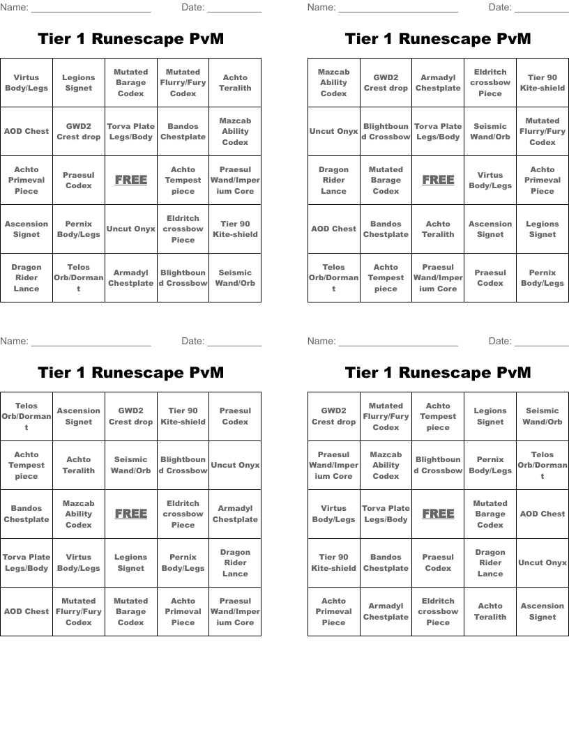 Tier 1 Runescape PvM  Bingo Cards