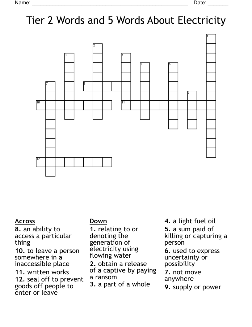 Tier 2 Words and 5 Words About Electricity Crossword