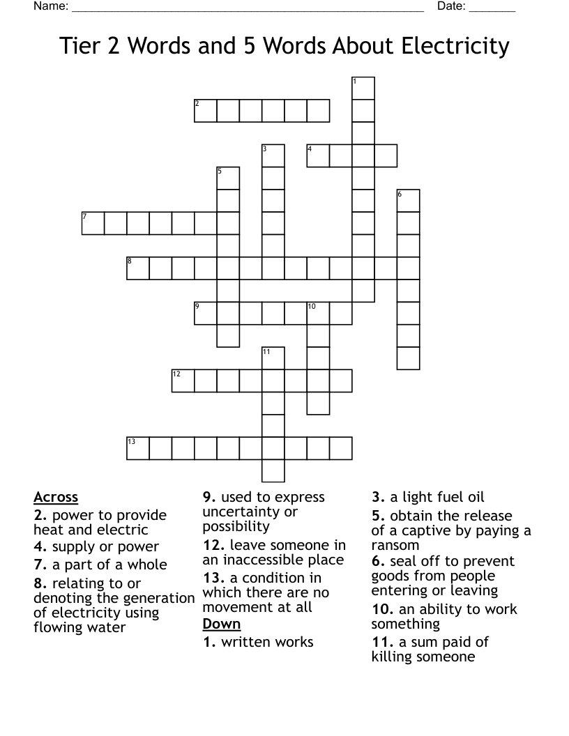 Tier 2 Words and 5 Words About Electricity Crossword
