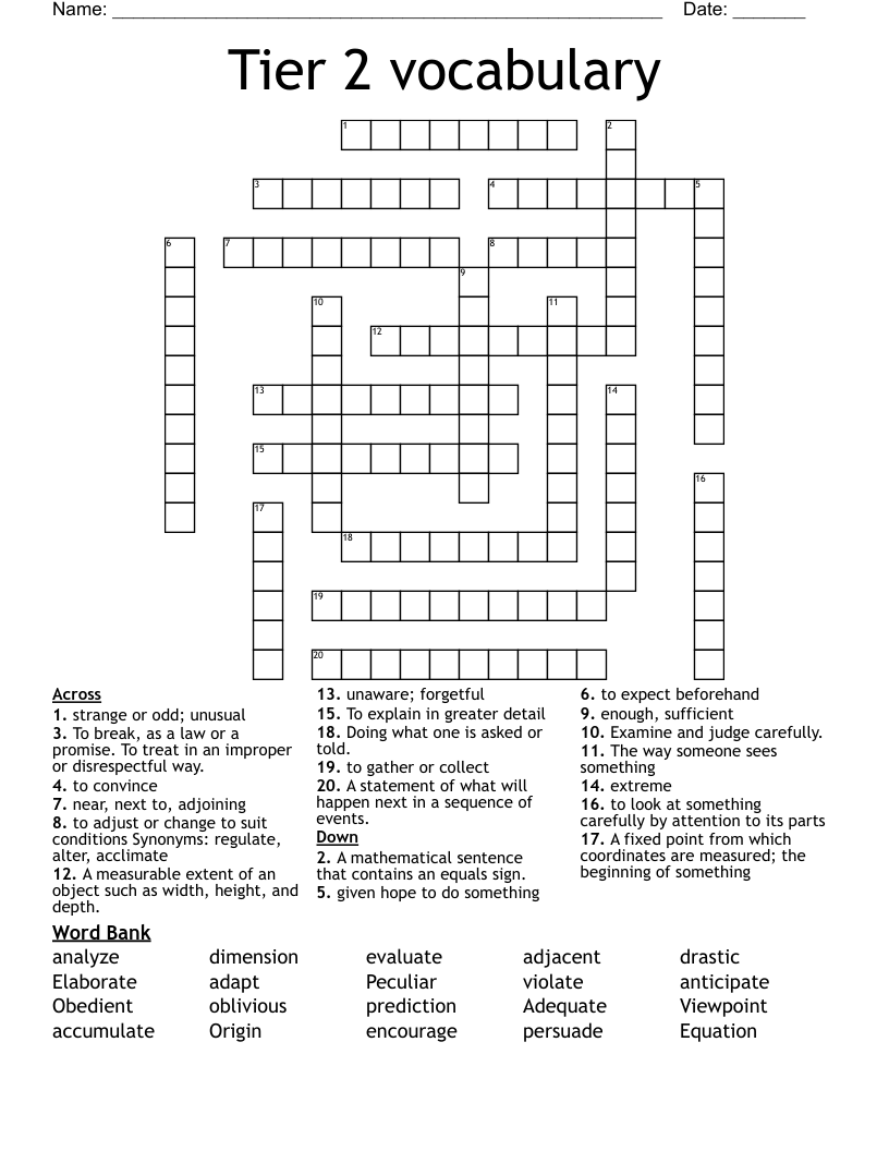 Tier 2 vocabulary Crossword