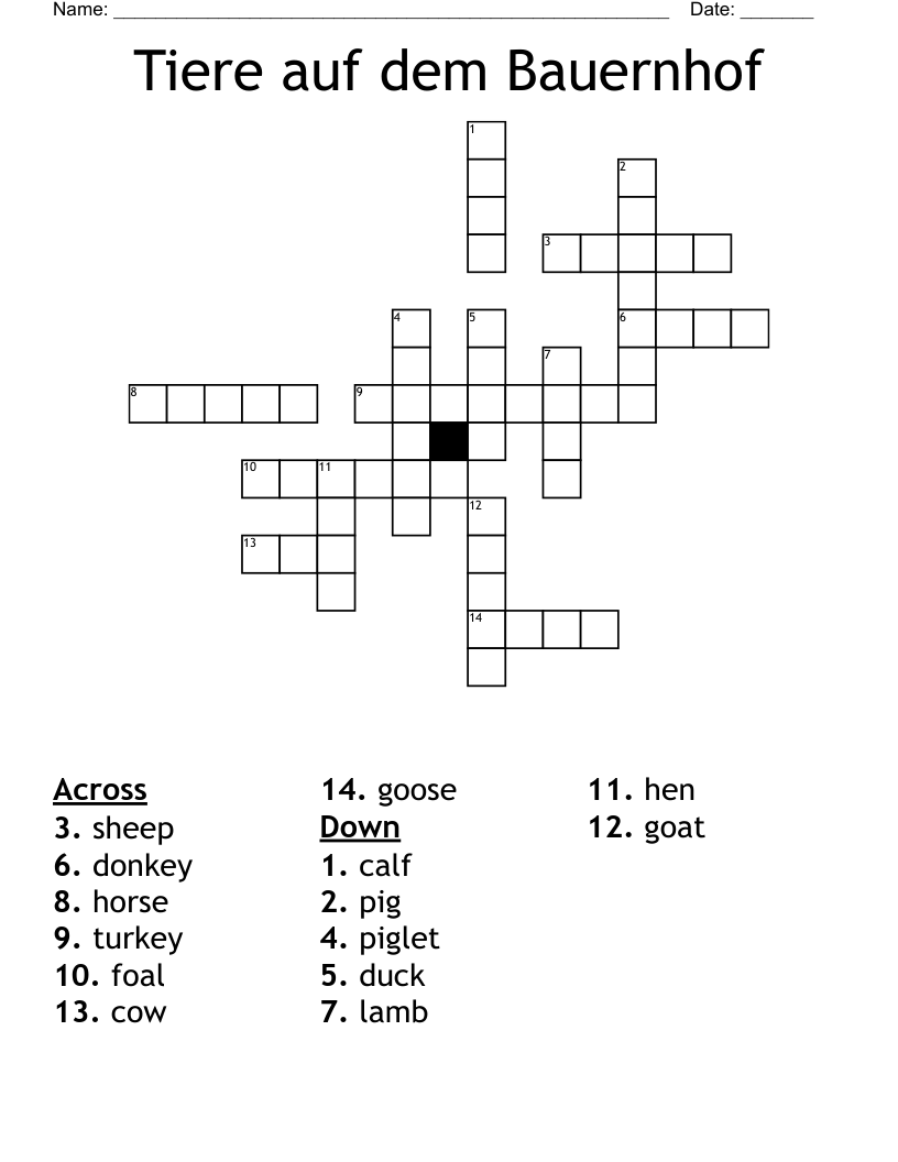Tiere auf dem Bauernhof Crossword