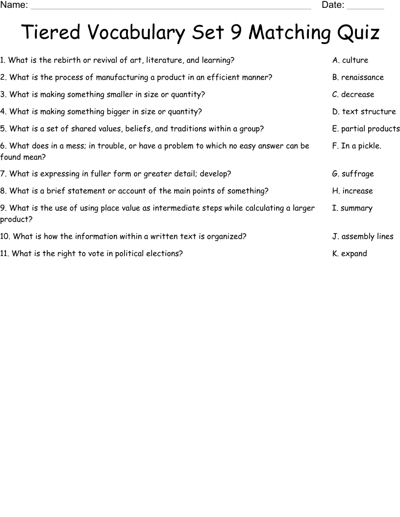 Tiered Vocabulary Set 9 Matching Quiz Worksheet