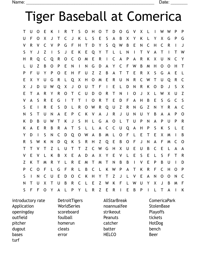 Tiger Baseball at Comerica Word Search