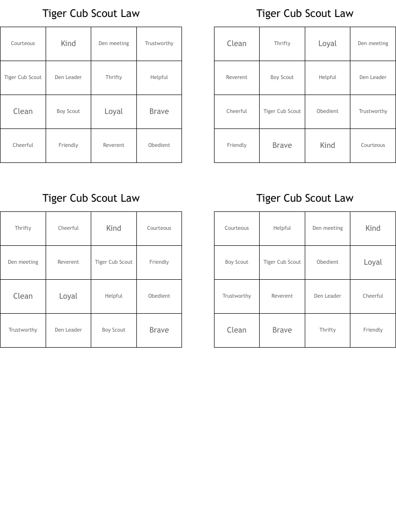 Tiger Cub Scout Law Bingo Cards