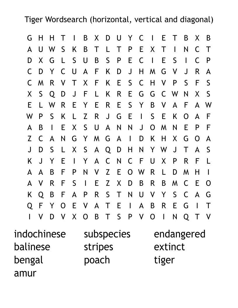 Tiger Wordsearch (horizontal, vertical and diagonal)
