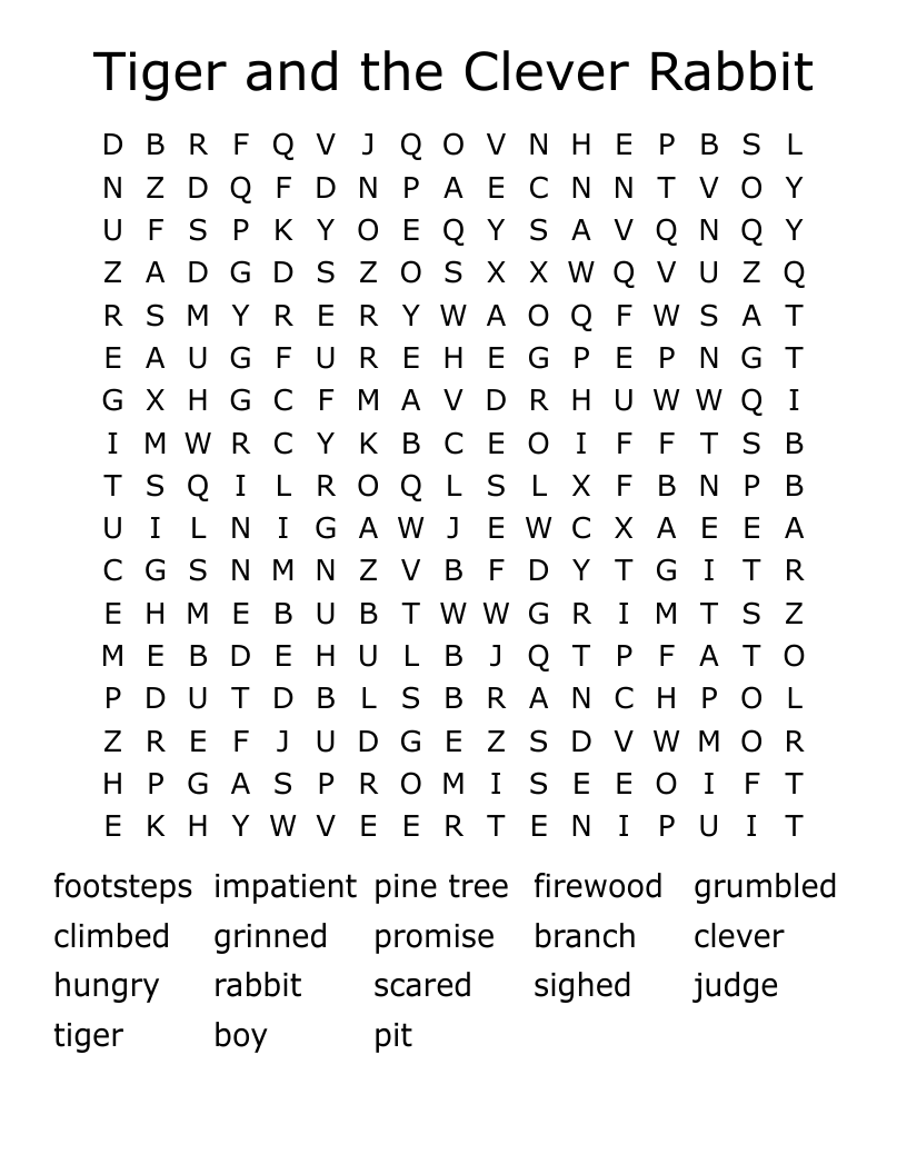 Tiger and the Clever Rabbit Word Search