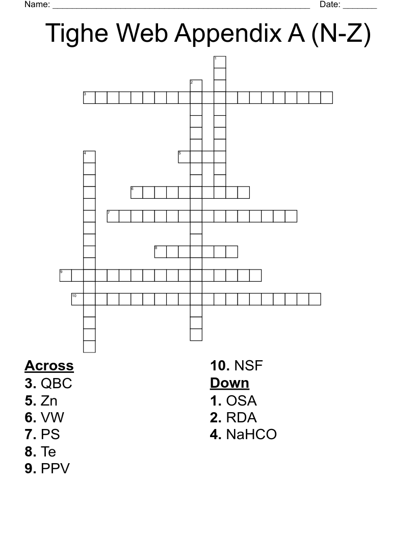 Tighe Web Appendix A (N-Z) Crossword