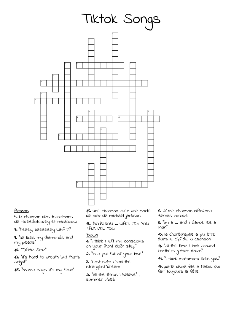 Tiktok Songs Crossword