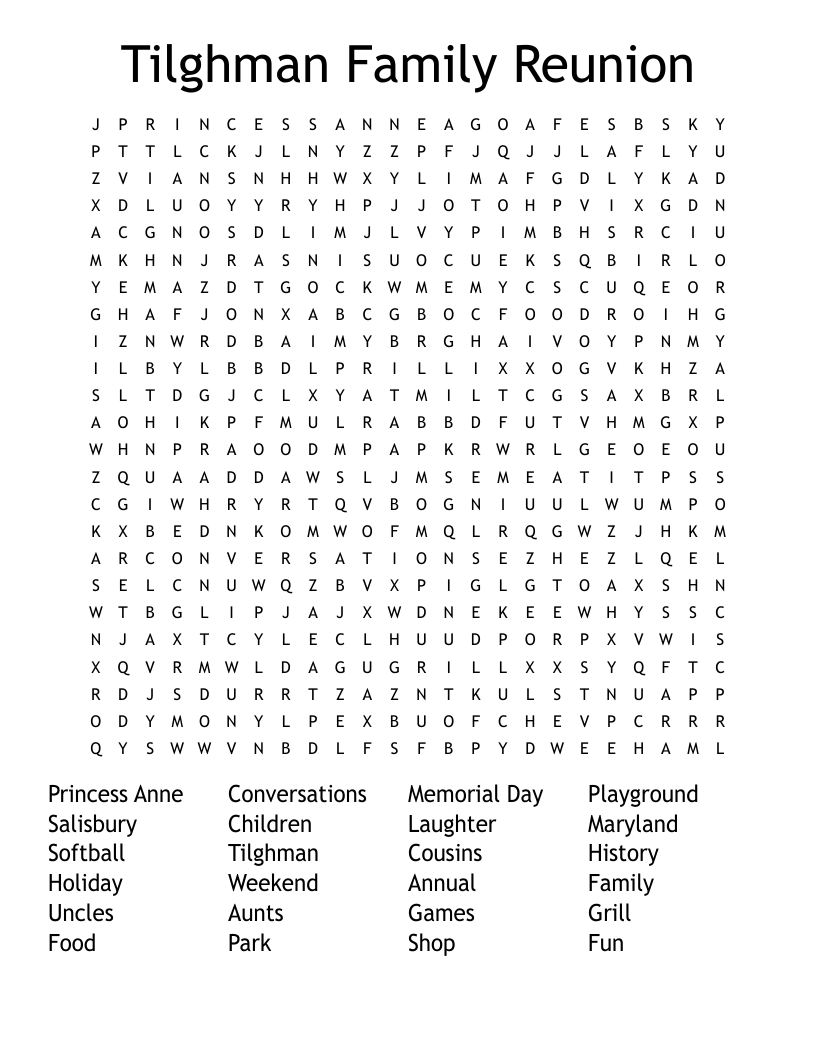 Tilghman Family Reunion Word Search