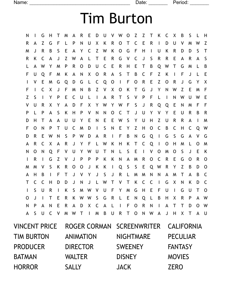 Tim Burton Word Search