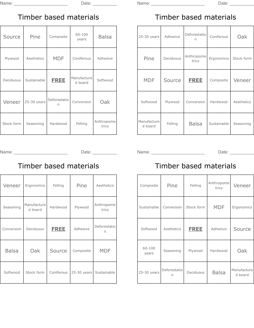 Timber based materials Bingo Cards