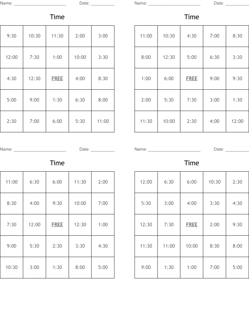 Time Bingo Cards
