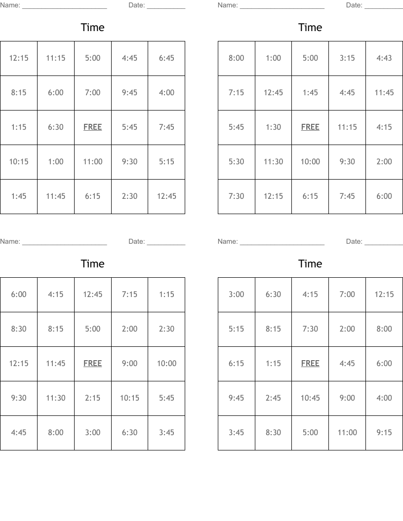 Time Bingo Cards