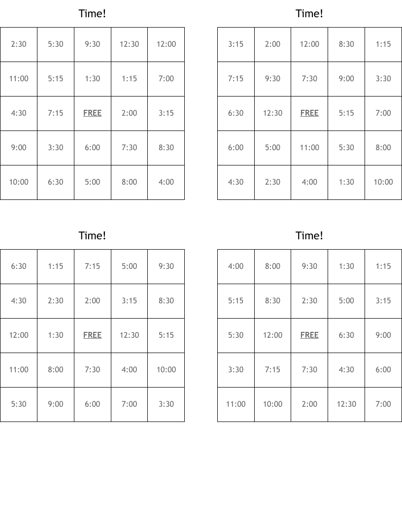 Time! Bingo Cards