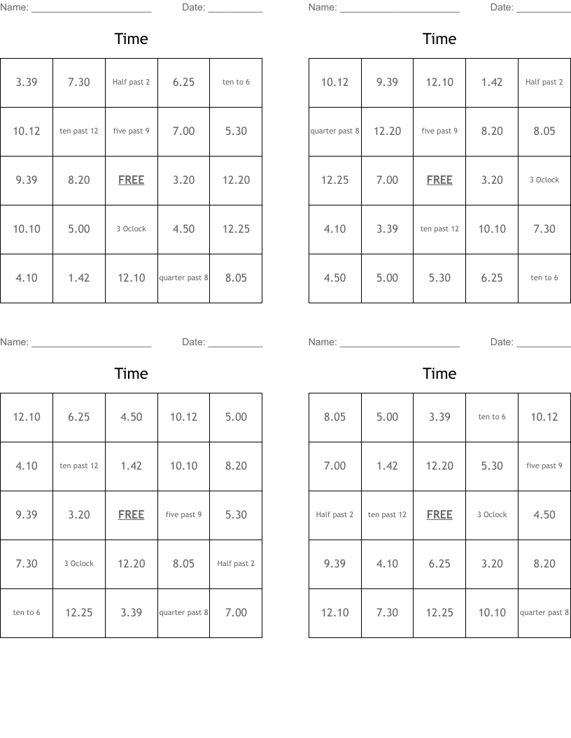 Time Bingo Cards