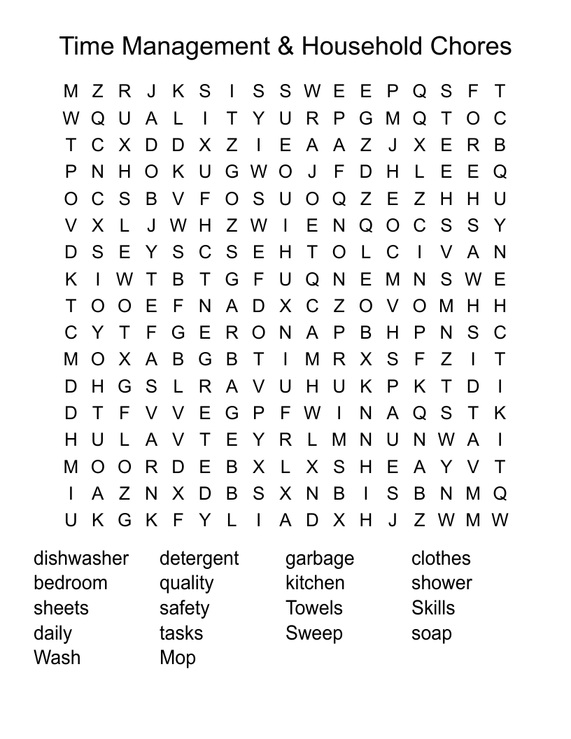Time Management & Household Chores Word Search