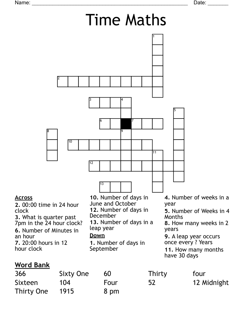 Time Maths Crossword
