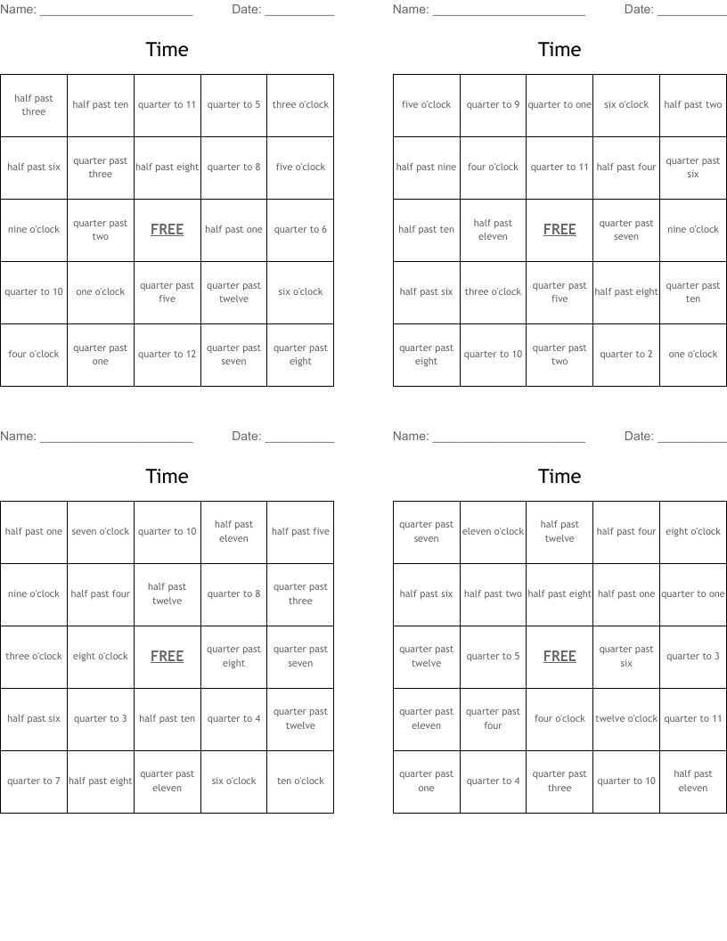 Time  Bingo Cards