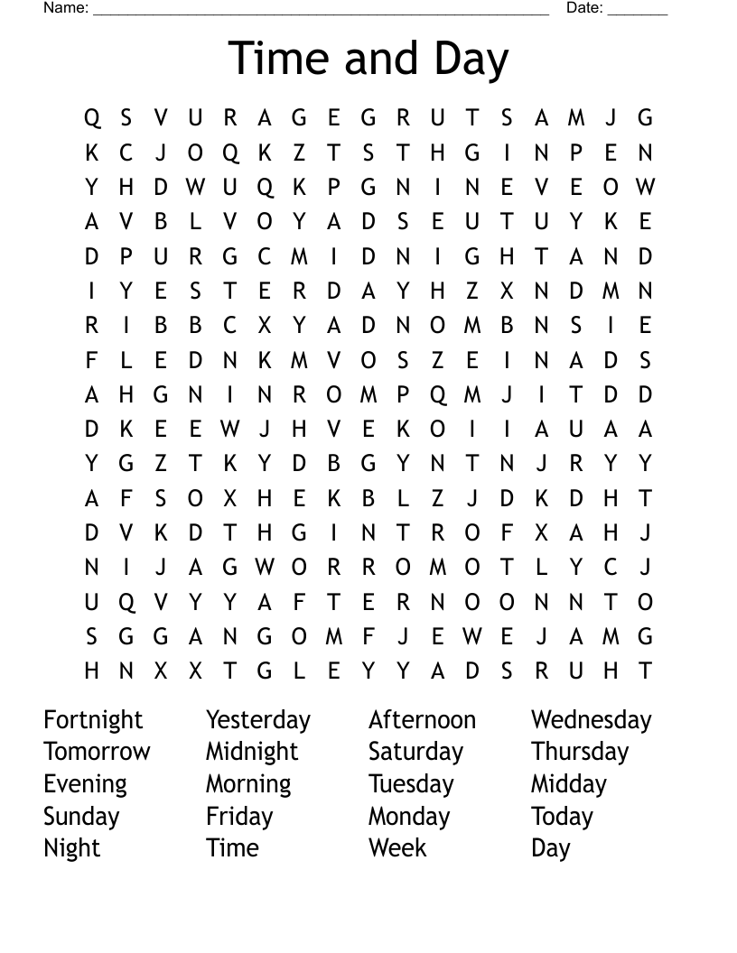 Time and Day Word Search