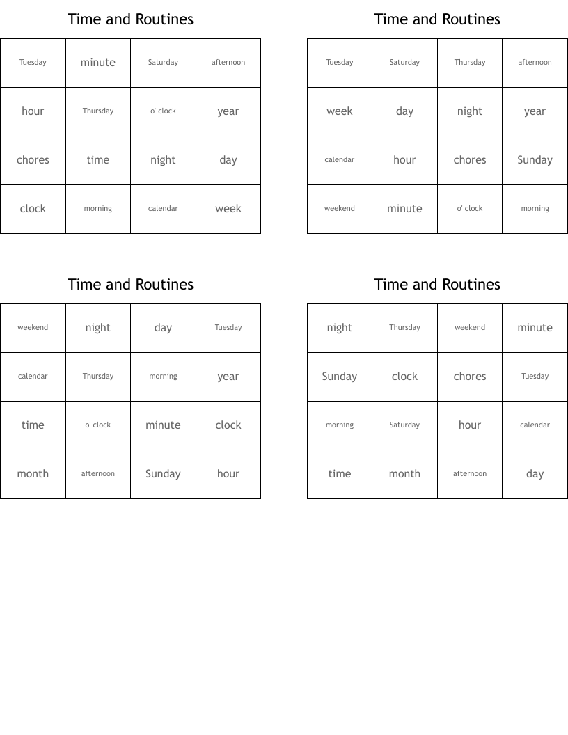 Time and Routines Bingo Cards