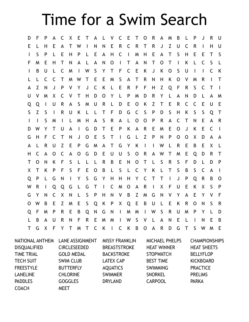 Time for a Swim Search Word Search