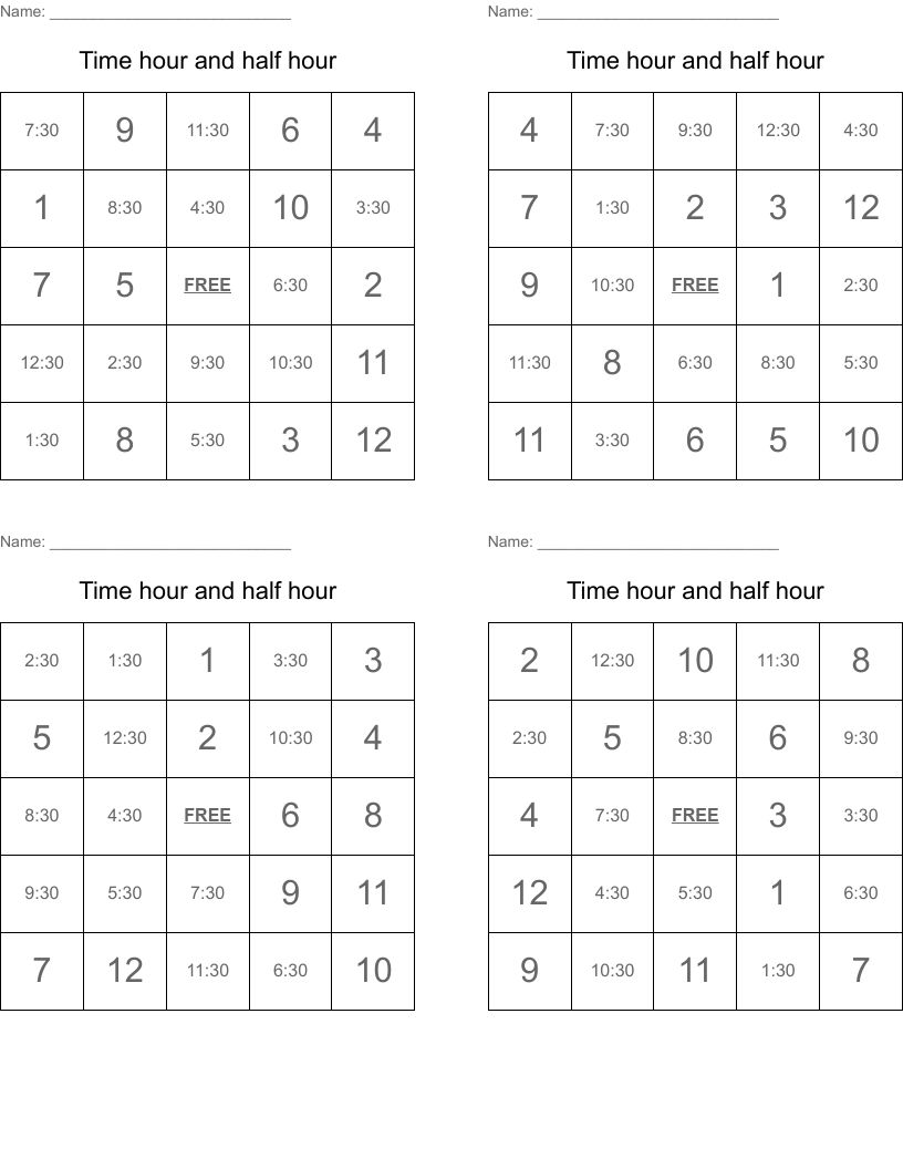 Time hour and half hour Bingo Cards