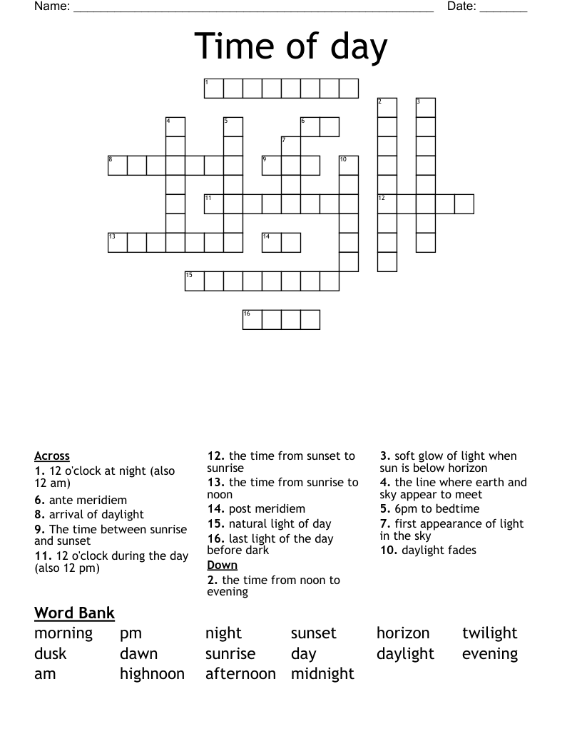 Time of day Crossword