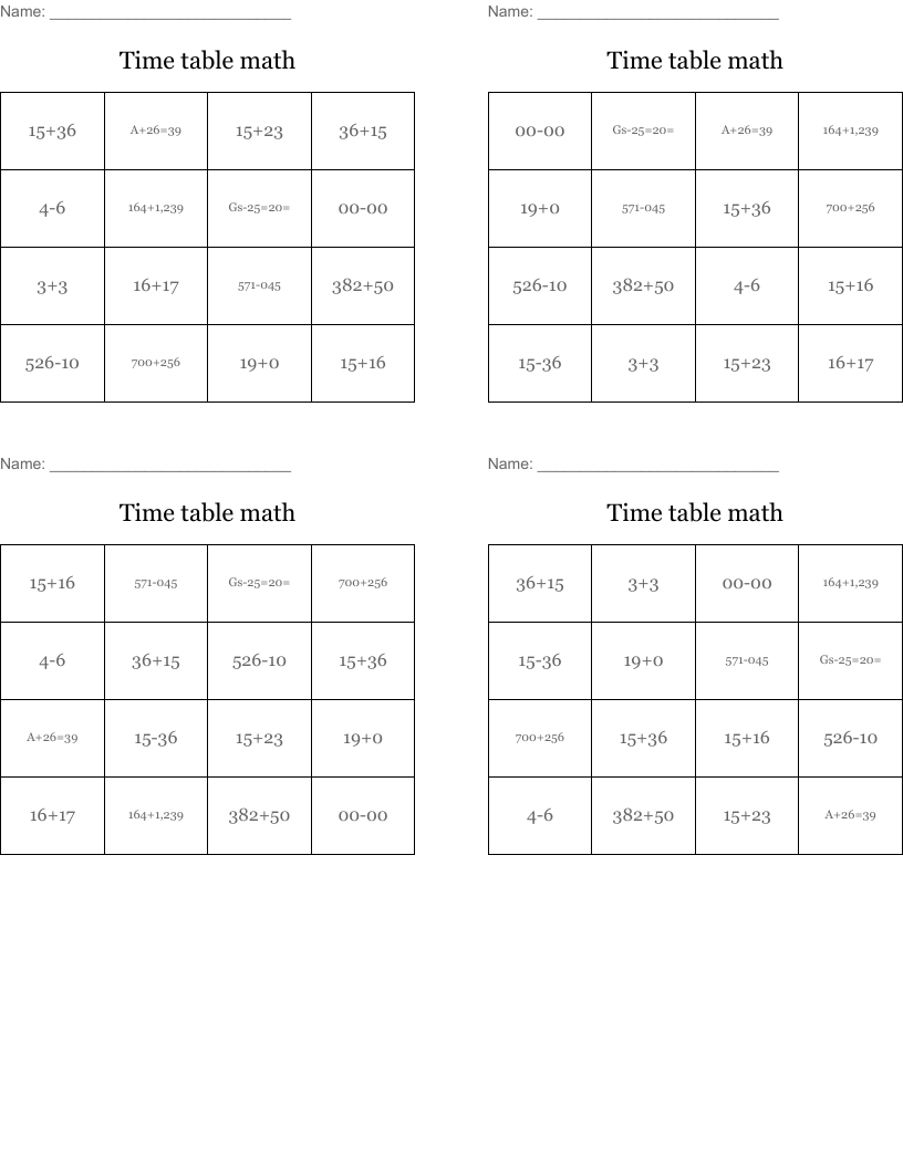 Time table math Bingo Cards