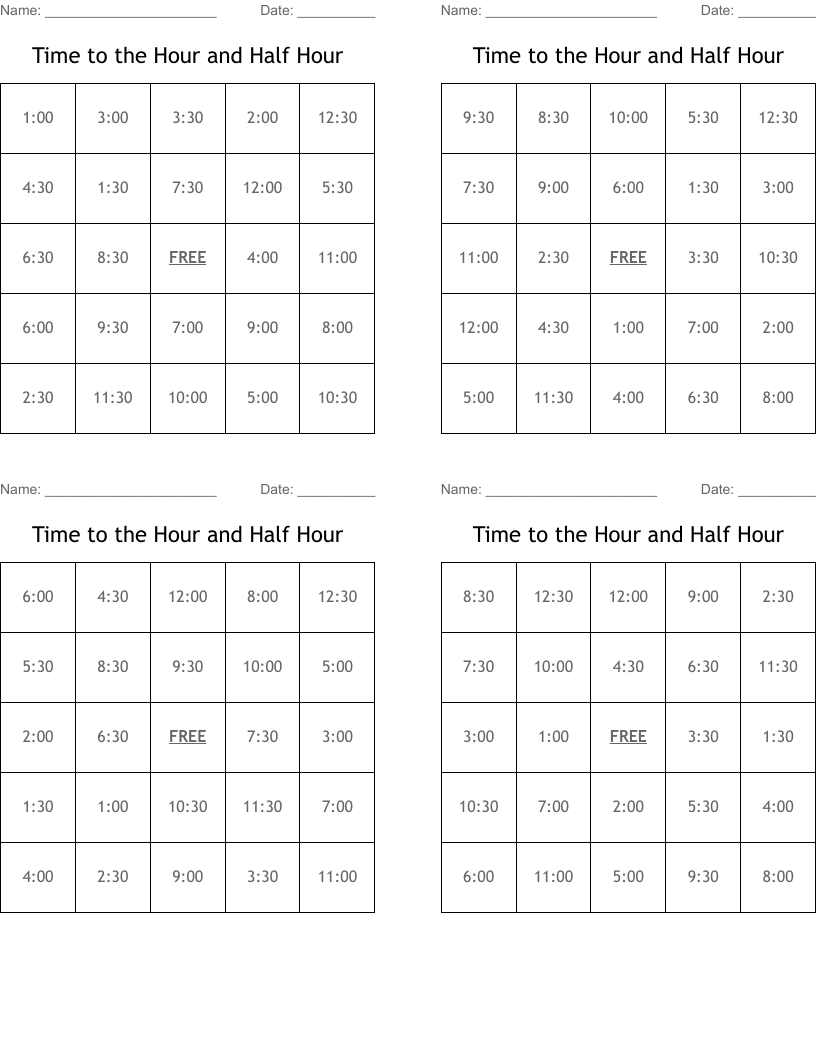 Time to the Hour and Half Hour Bingo Cards