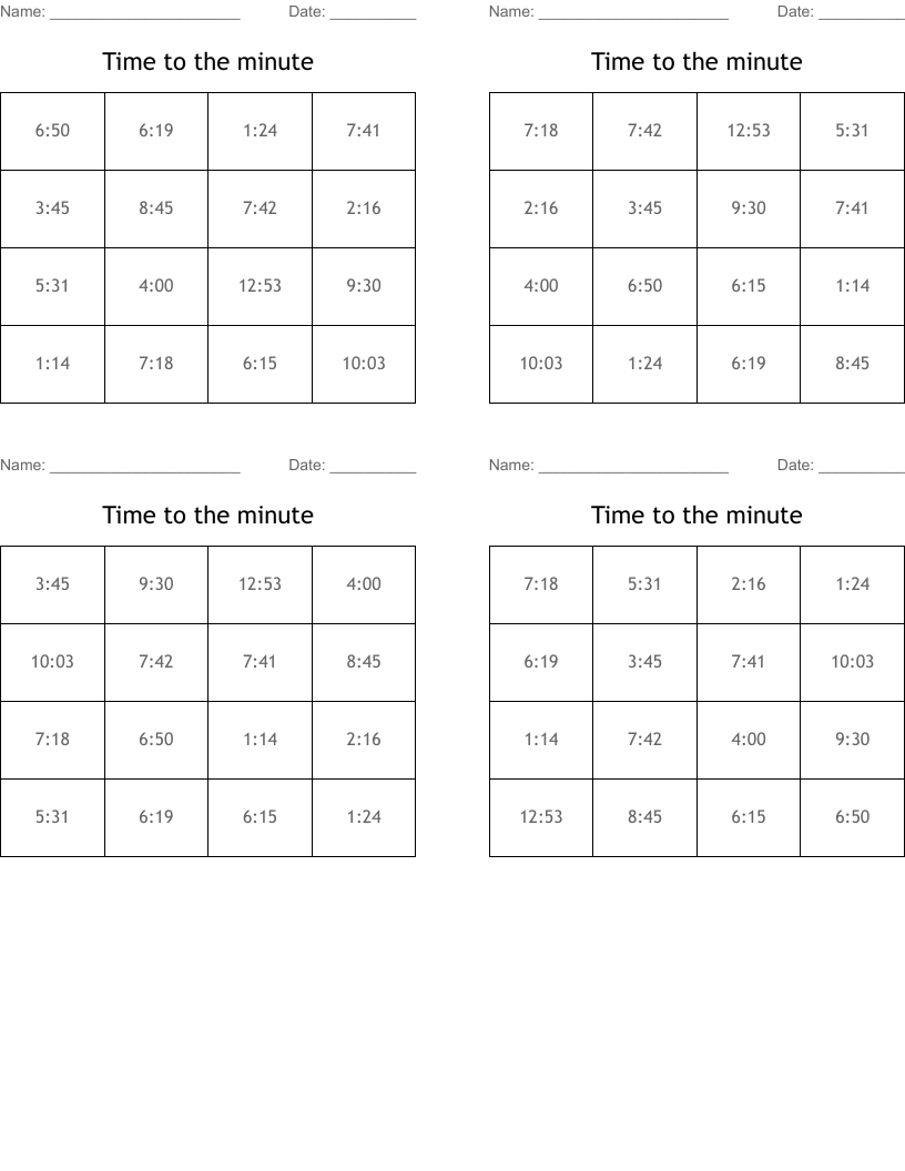 Time to the minute Bingo Cards