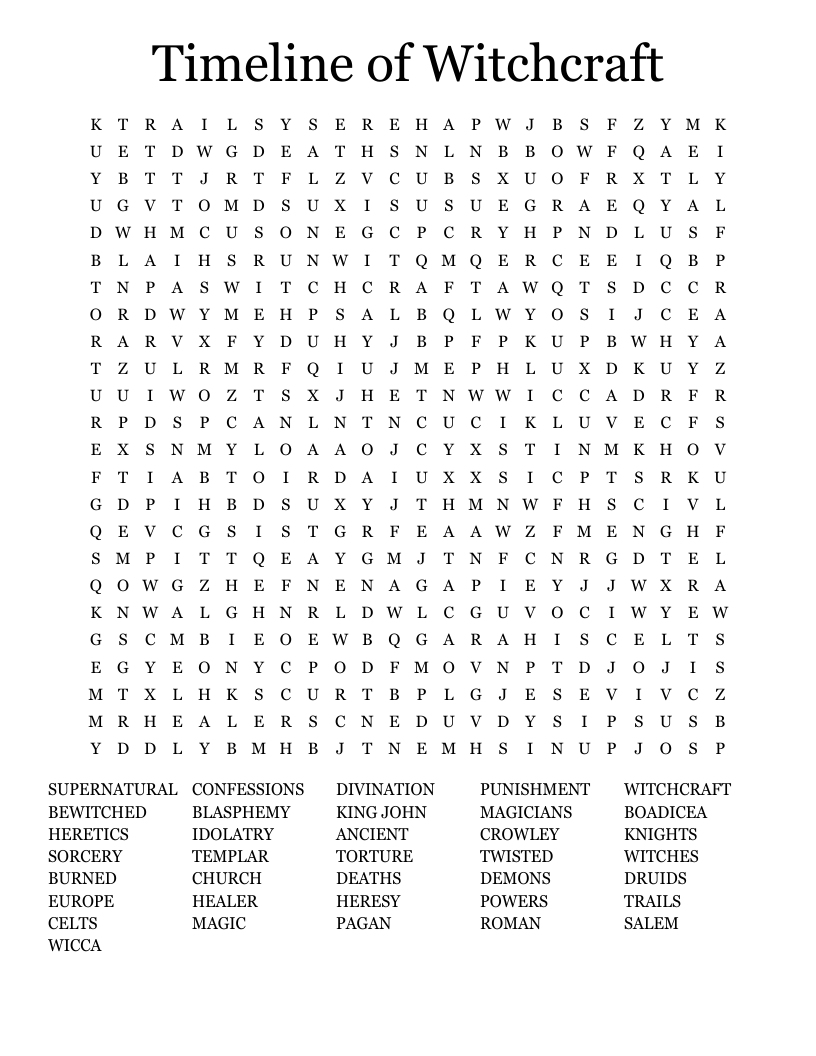 Timeline of Witchcraft Word Search